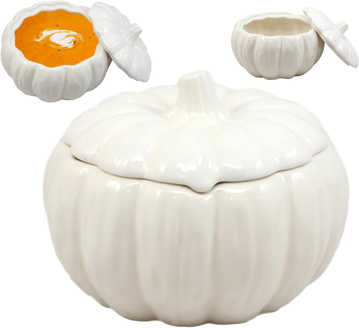 Ceramic Stoneware White Harvest Pumpkin Bowl With Lid 6" Diameter (8)