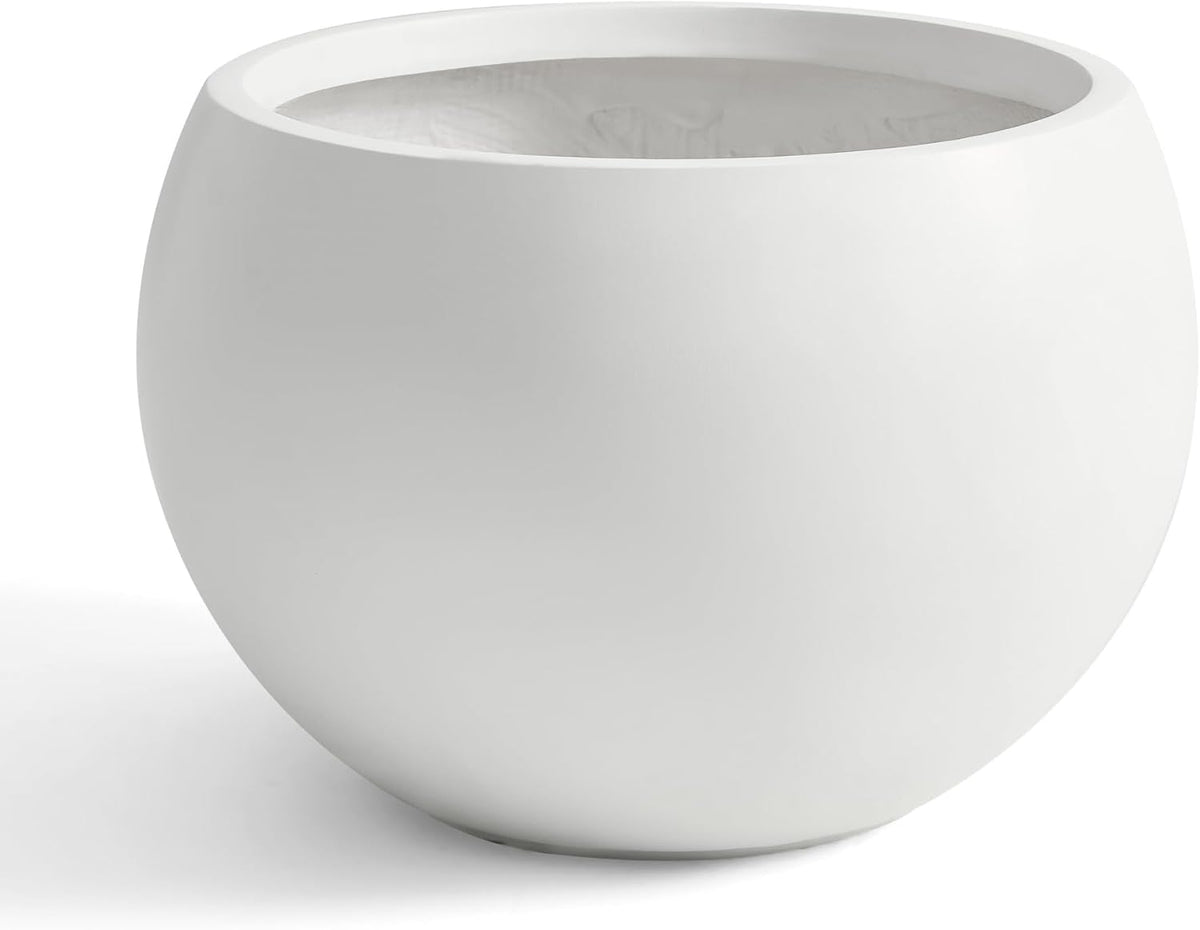 19.3"Dia x 13"H Large Fiberstone Sphere Planter, White Round Pot | 15" Opening, Drainage Hole & Plug, Wheathered