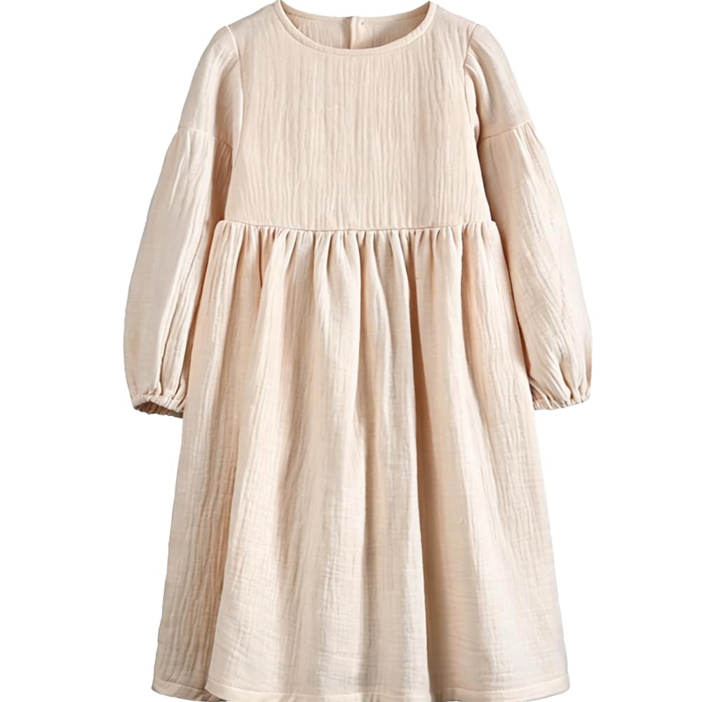 Boho Girls Muslin Smock Dress - Long Sleeve Double Gauze Cotton Dress for Toddlers,1,Beige