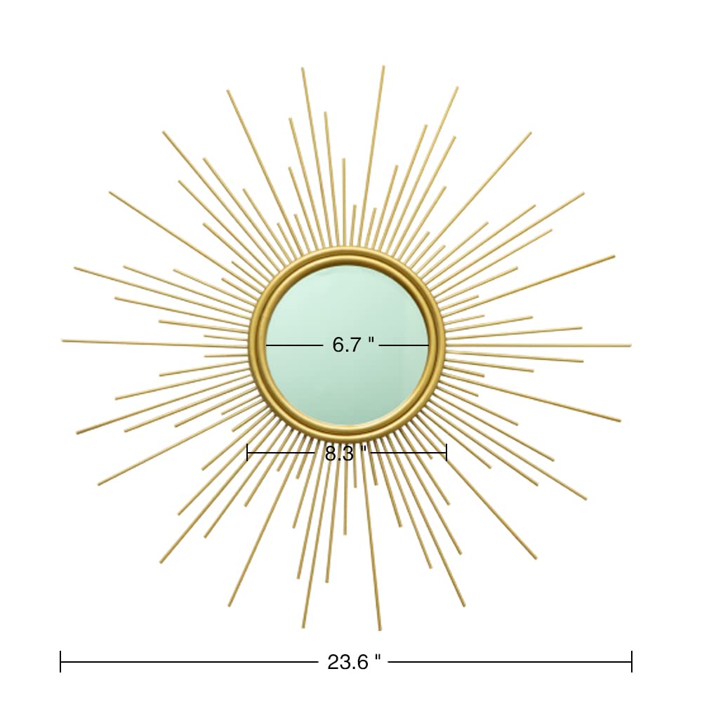 Sunburst Mirror, 24" Boho Mirror, Gold Sun Decorative Mirrors for Wall Decor, Small Mid Century Modern Small Living
