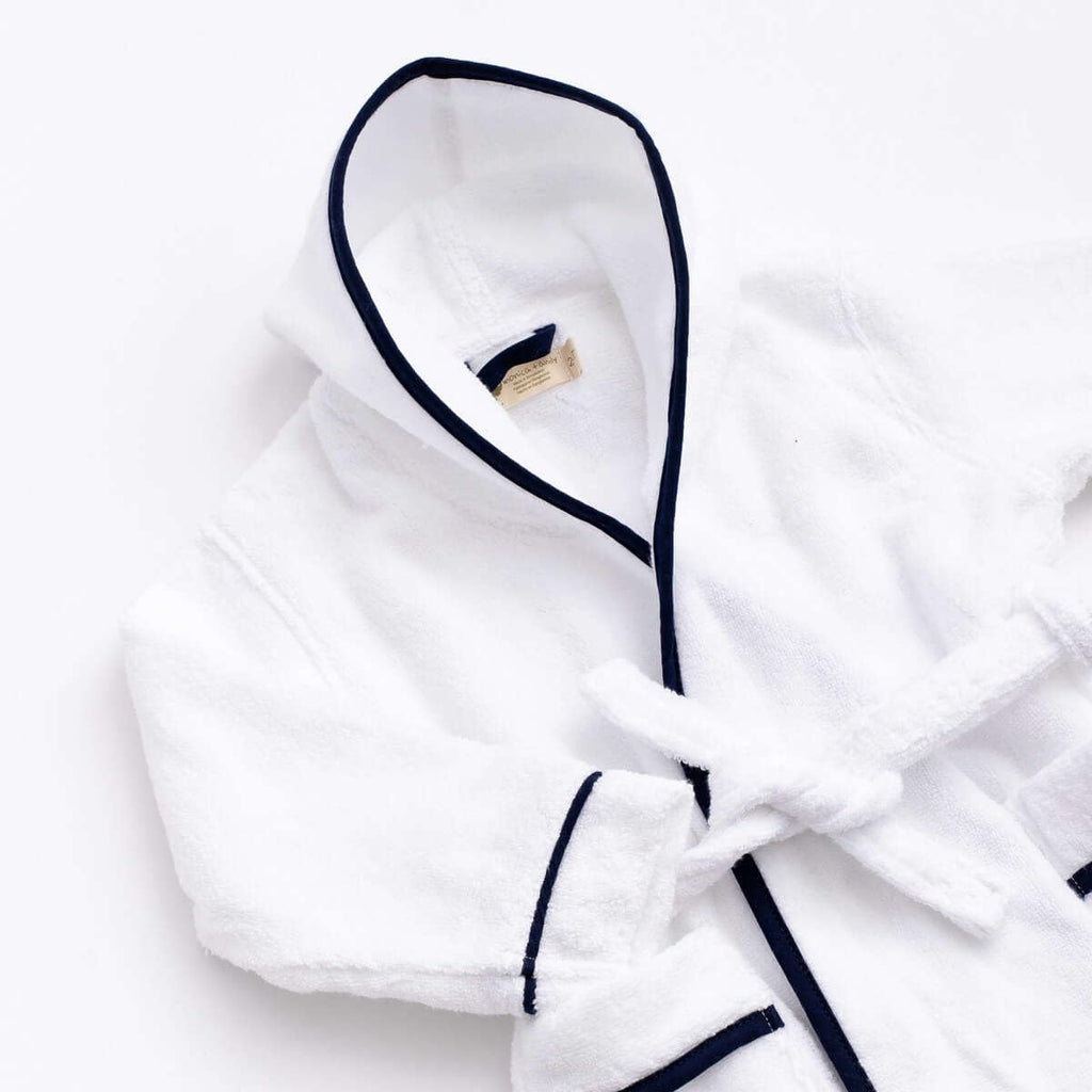Bathrobe, White + Navy, Size 18-24 Months, Terry Hooded Towel Bathrobe, 100% Organic Baby Clothes for Girls & Boys