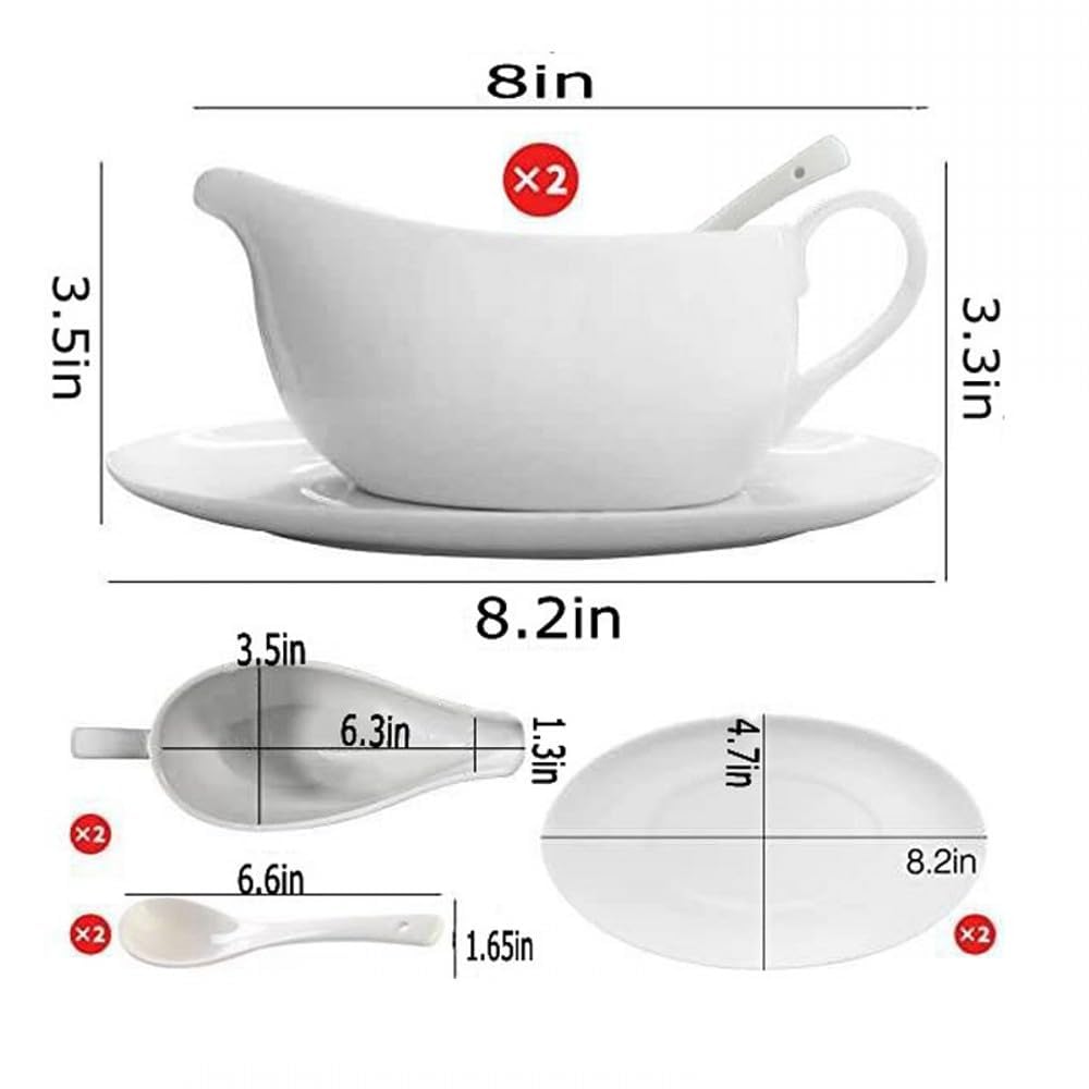 Gravy Boat With Ladle and Saucer 17 Oz, White Ceramic Sauce Boat