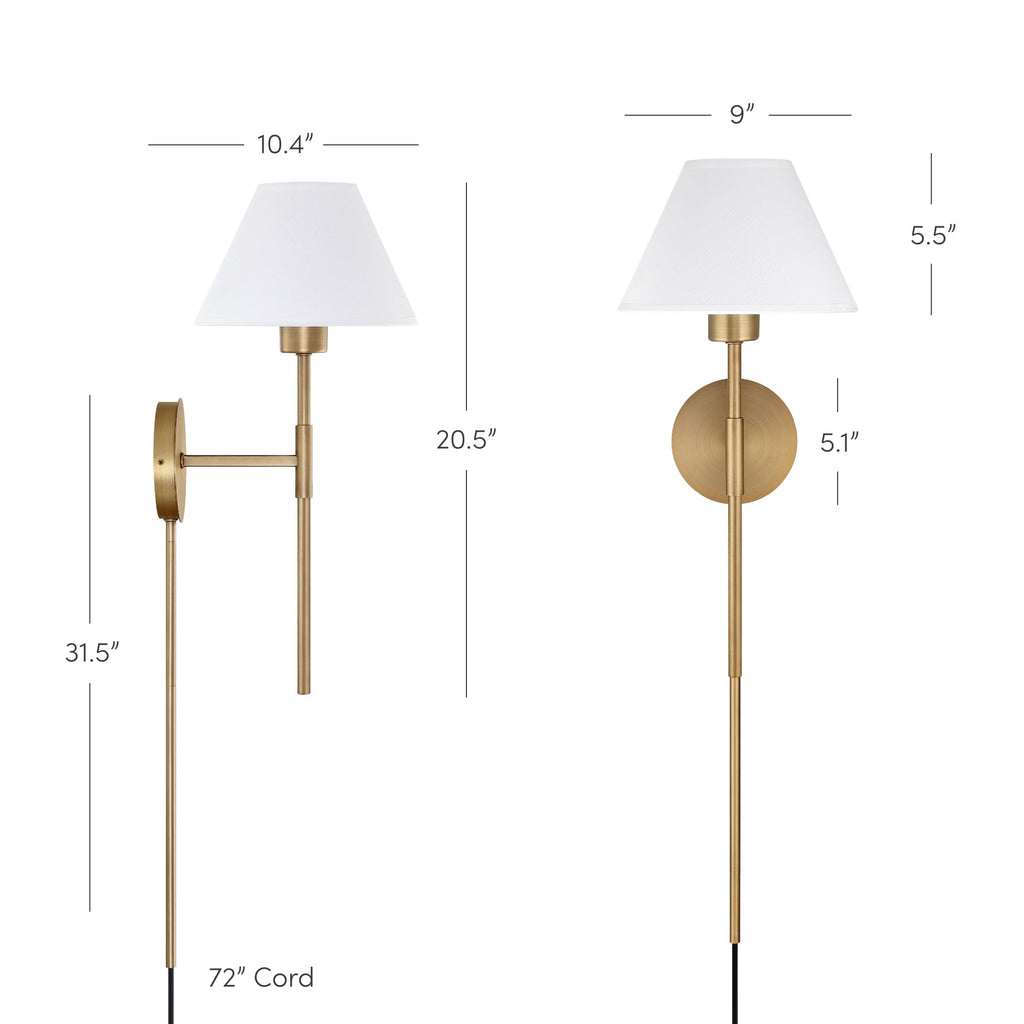 Millie Plug-in Wall Sconce, Wall Mounted Bedside Reading Lamp with Cotton Shade and Brass Back Plate, Set of 2