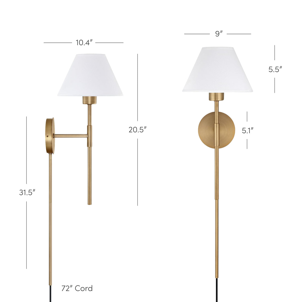 Millie Plug-in Wall Sconce, Wall Mounted Bedside Reading Lamp with Cotton Shade and Brass Back Plate, Set of 2