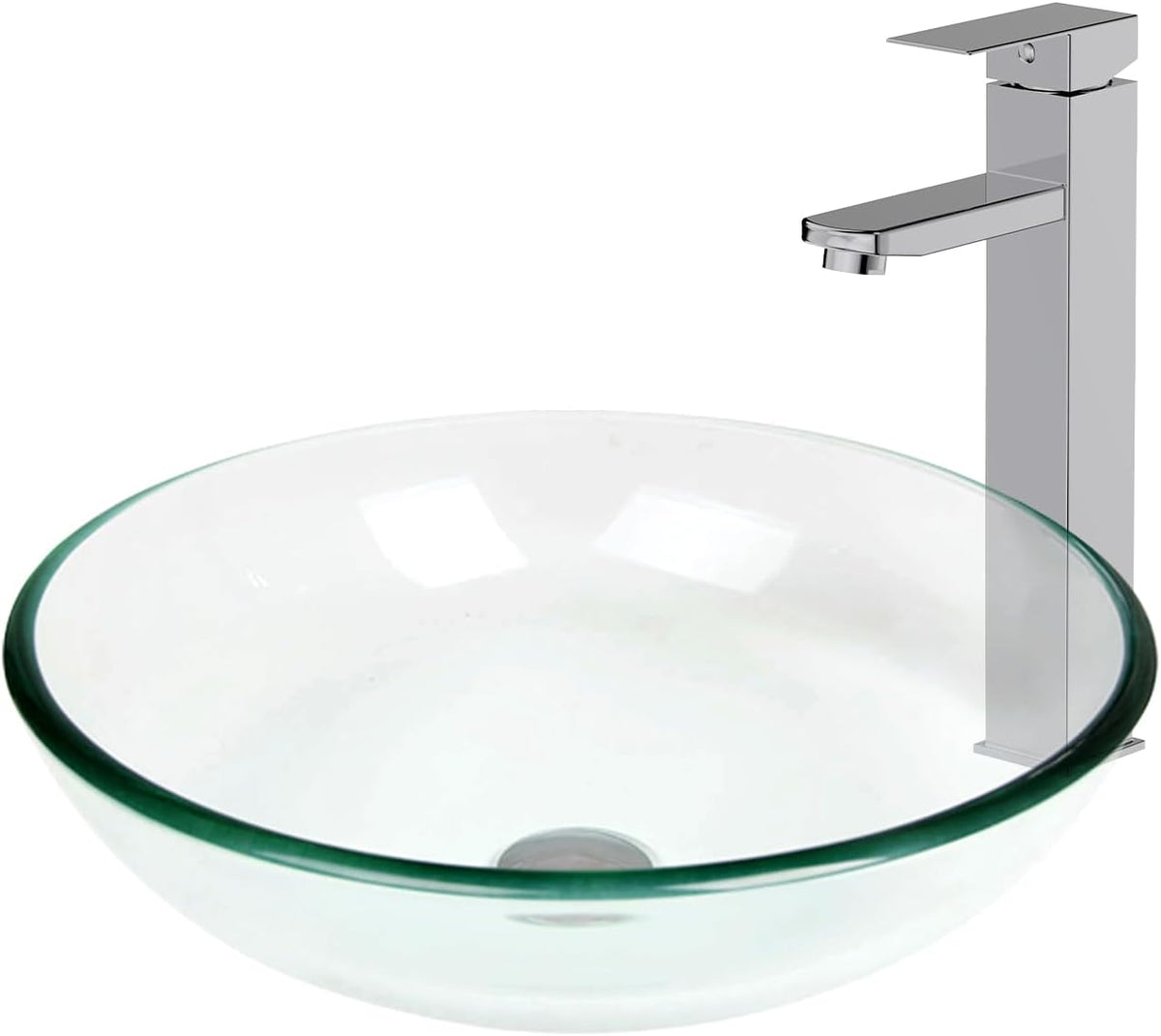 Bathroom Vessel Sink, Tempered Glass Vanity Round Bowl with Chrome Faucet and Pop up drain Set, Clear