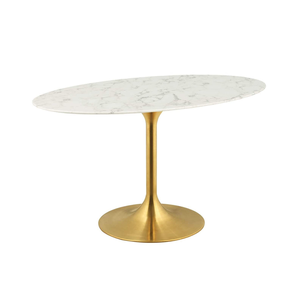 Lippa 54" Oval-Shaped Mid-Century Modern Dining Table with Artificial Marble Top and Gold Base