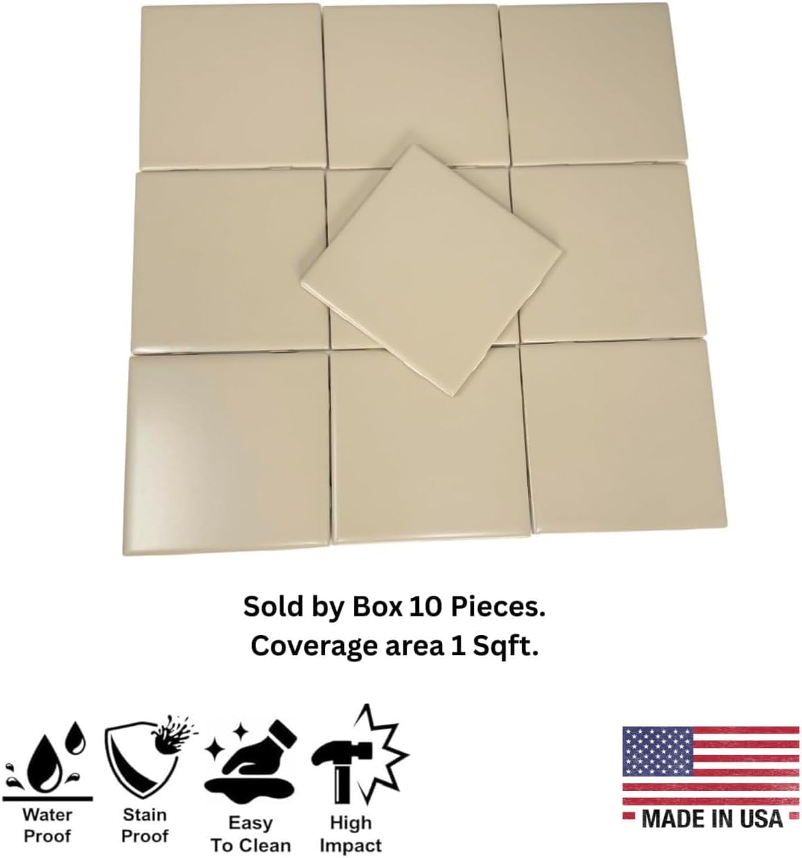 4.25 x 4.25 inch Matte Ceramic Tile - Box of 10, Ideal Wall & Kitchen Backsplash, Classic Square Shape, Smooth