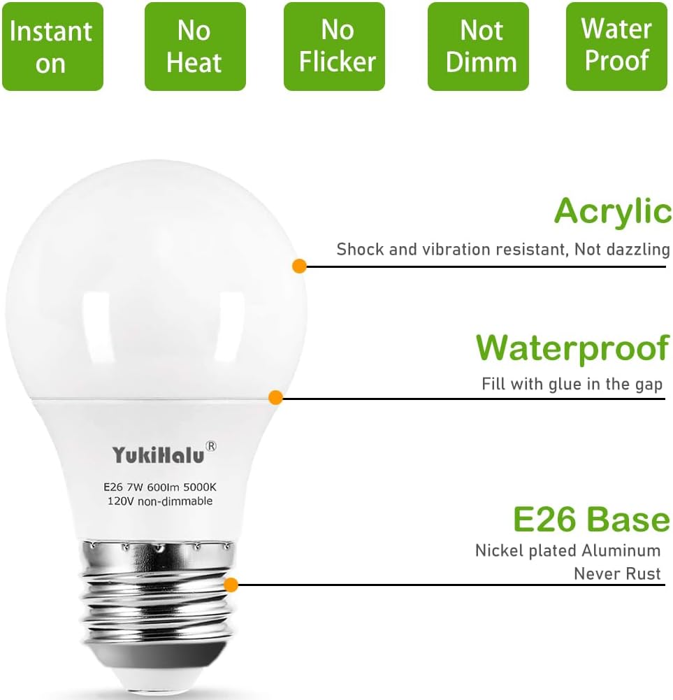 A15 LED Light Bulbs, 60W Equivalent, E26 Base, 5000K Daylight White, 7W 600 Lumens 120V, Ceiling Fan Light Bulbs