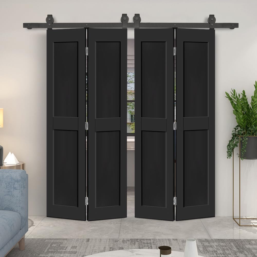 60 in. x 80 in. 2 Panel Shaker Hollow Core Black Composite Double Bi-Fold Door with Barn Door Hardware Kit