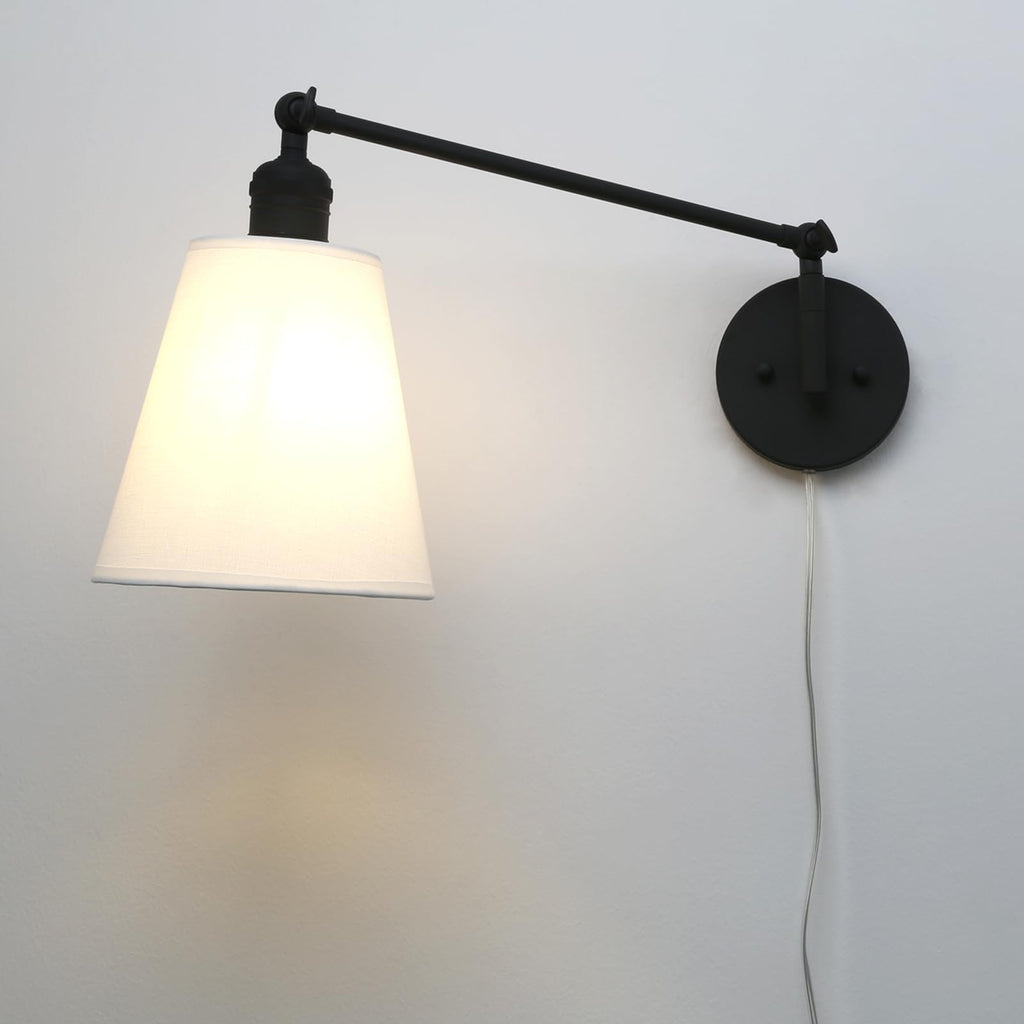 Retro Swing Arm Wall Sconce Plug in Wall Lamp Black Single Sconce with White Fabric Shade Wall Light Fixture Living