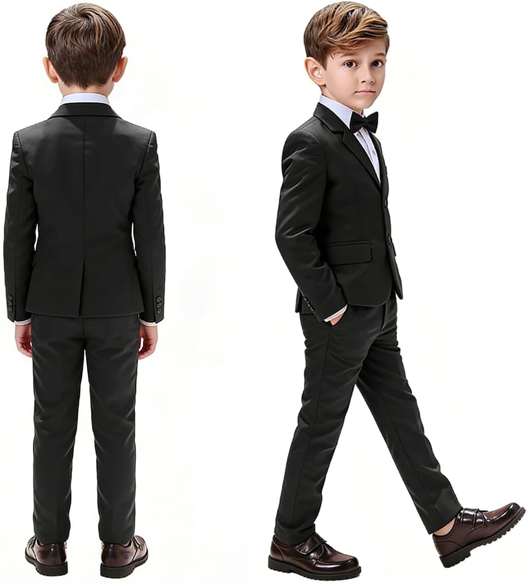 Boys Formal Suits 5 Pieces Slim Fit Toddler Tuxedo with Adjustable Waist