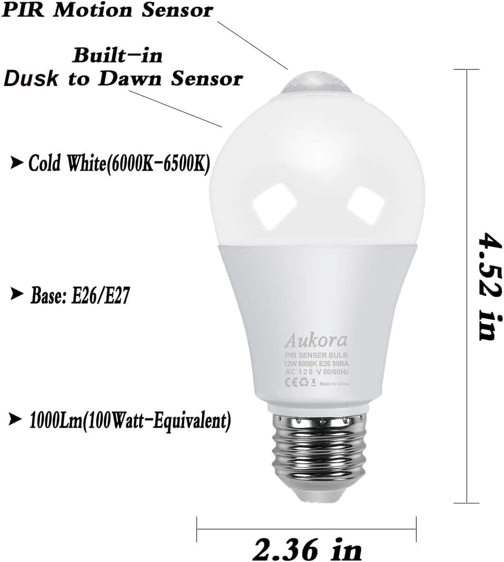 12W Motion Sensor Led Light Bulbs, 100W Equivalent E26 6500K 1000Lm