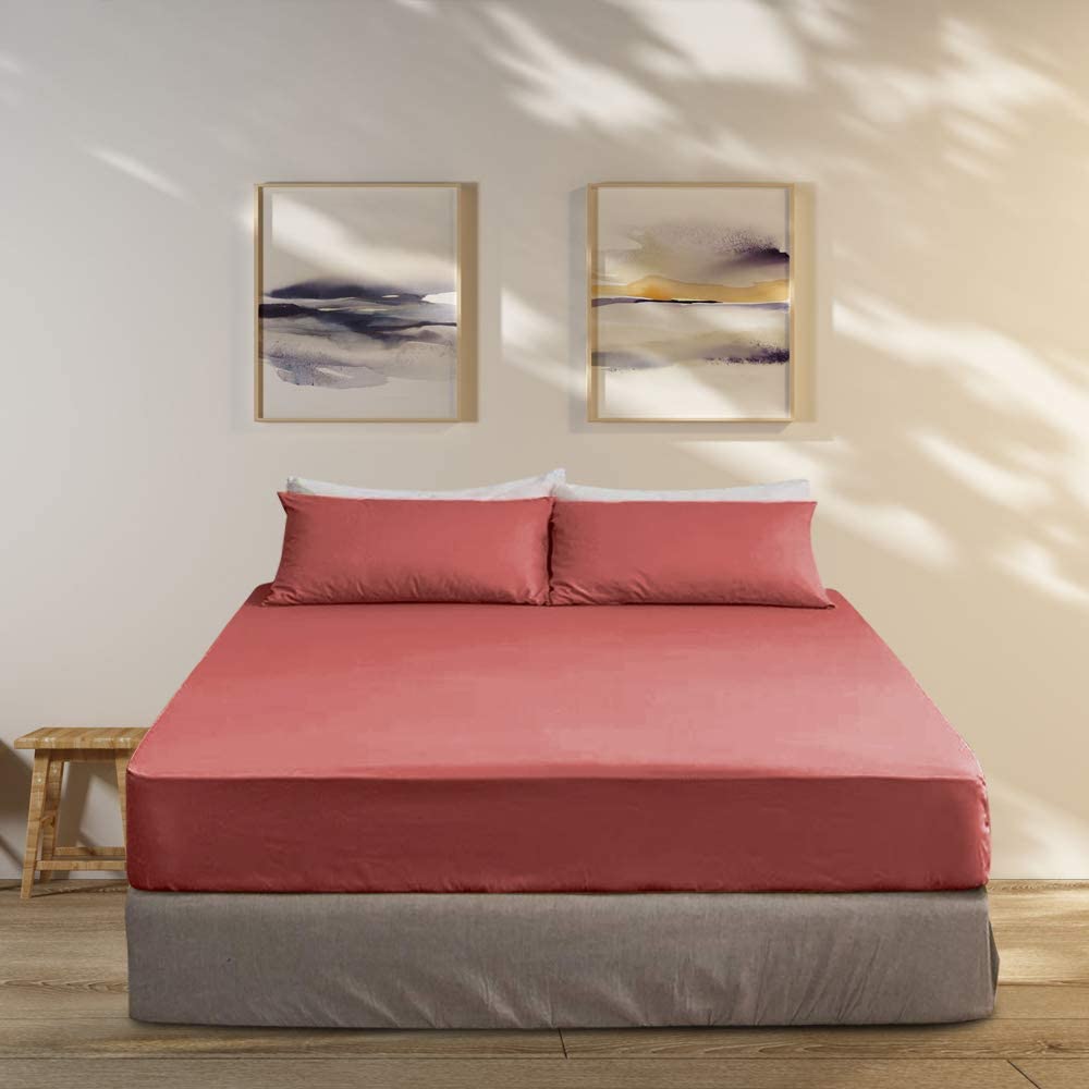 100% Long Staple Natural Cotton Soft Solid Coral Fitted Sheet Bed Sheet Set 15" Deep Pocket Size-1 Fitted