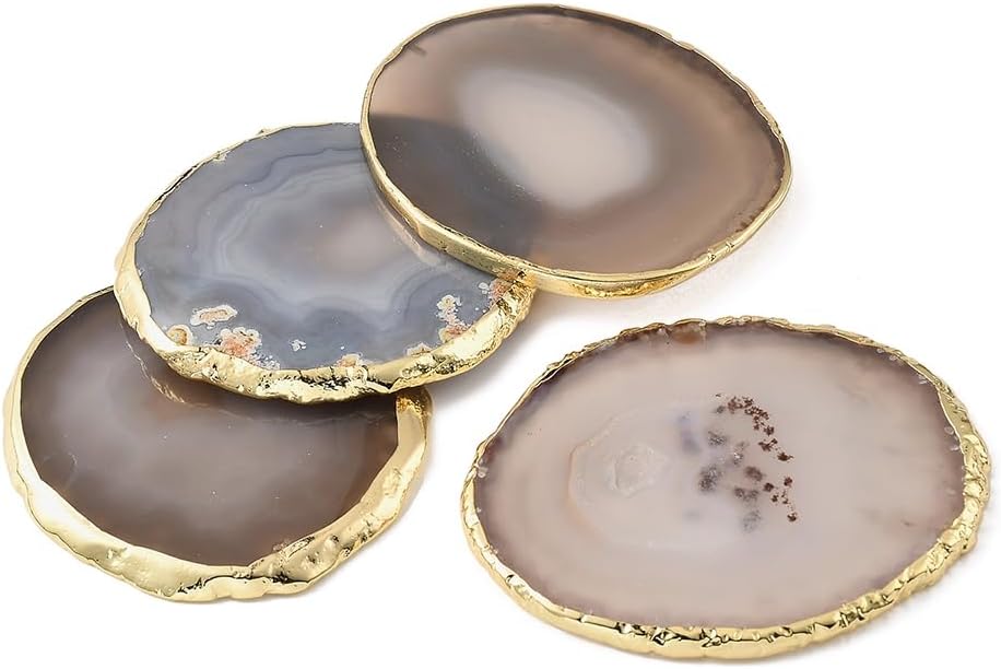 Natural Agate Coasters Bar Beer Coffee Tea Coaster,White Agate Slices Cup Mat with Gold Plated Edge Decor () - Set of 4