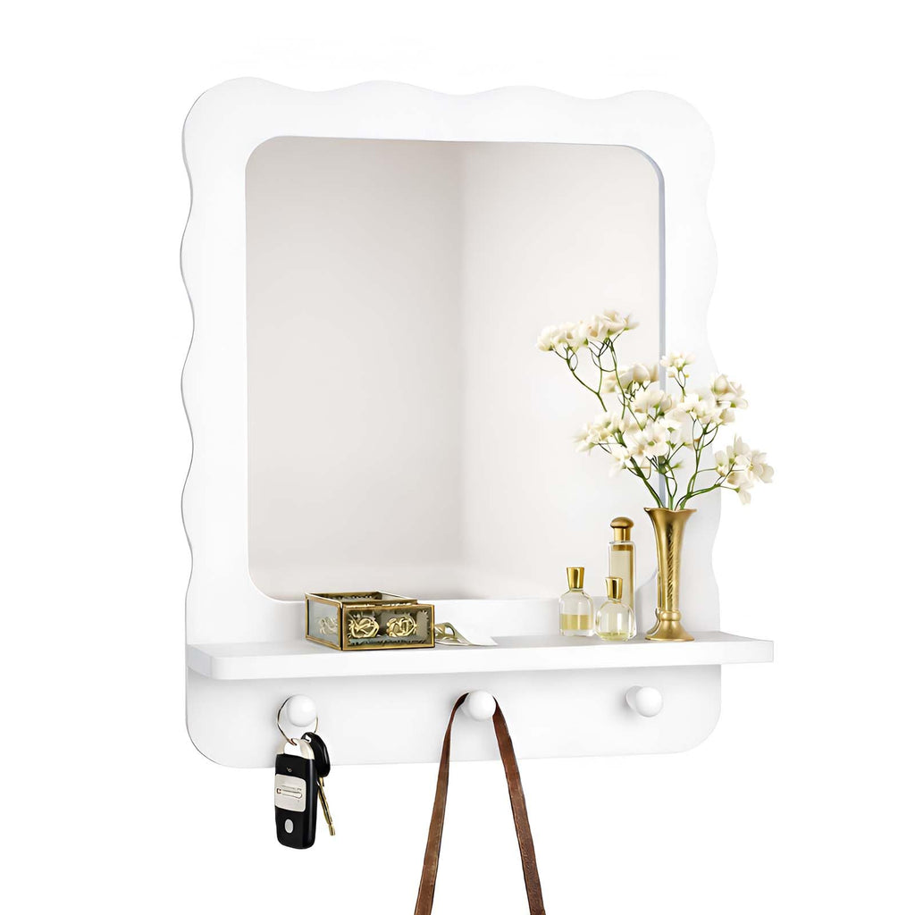 Wood Wall Mount Mirror with Shelf and 3 Hooks, 16 x 12 Inch Modern Scallop Decorative Entryway Mirror, Vanity, White
