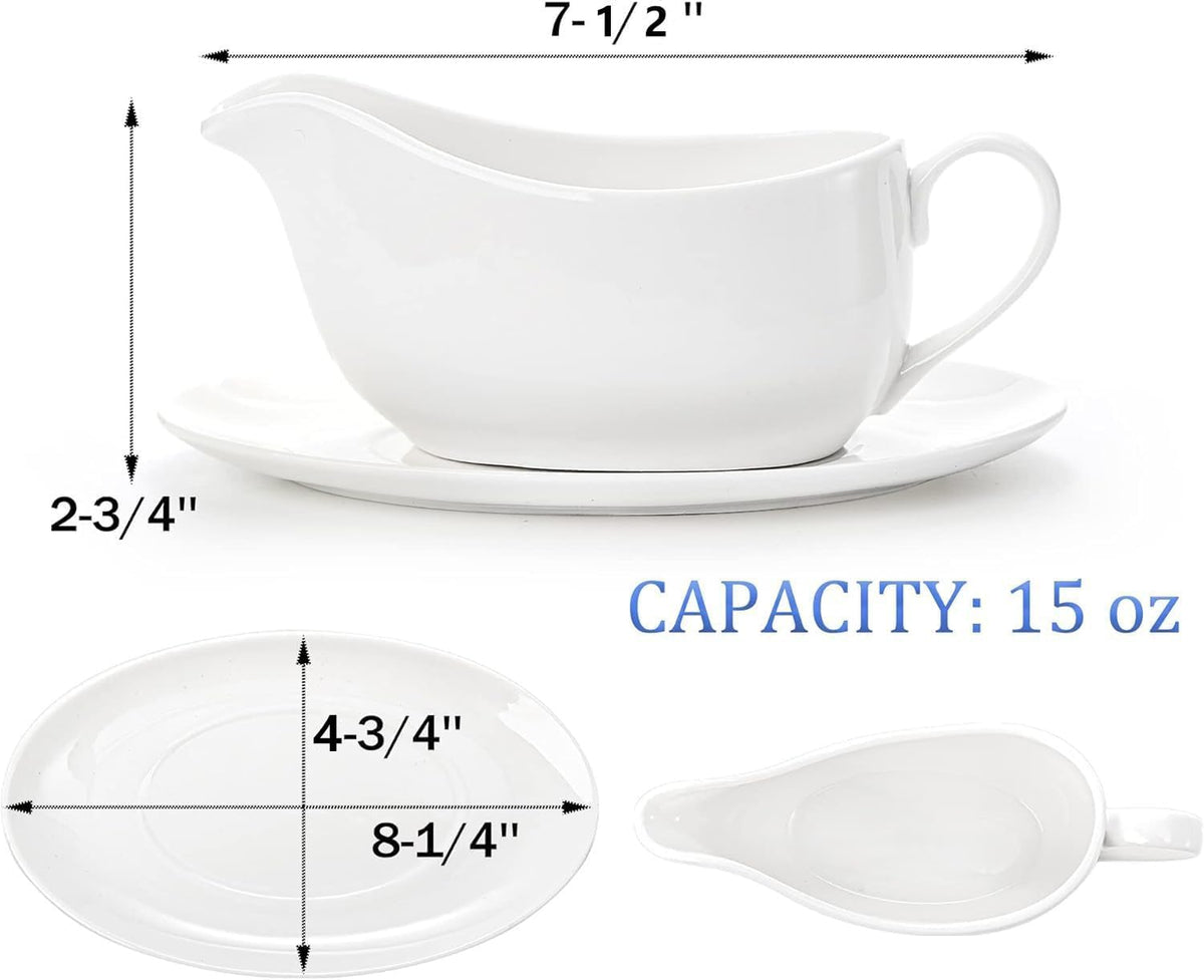 15 oz Gravy Boat and Tray, Ceramic White Gravy Sauce Boat with Saucer Stand for Dining, Holiday Meals & Parties