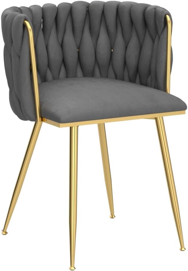 Woven Velvet Dining Chairs Set of 6, Upholstered Accent Chairs with Gold Metal Legs, Modern Dining Room Chairs, Grey