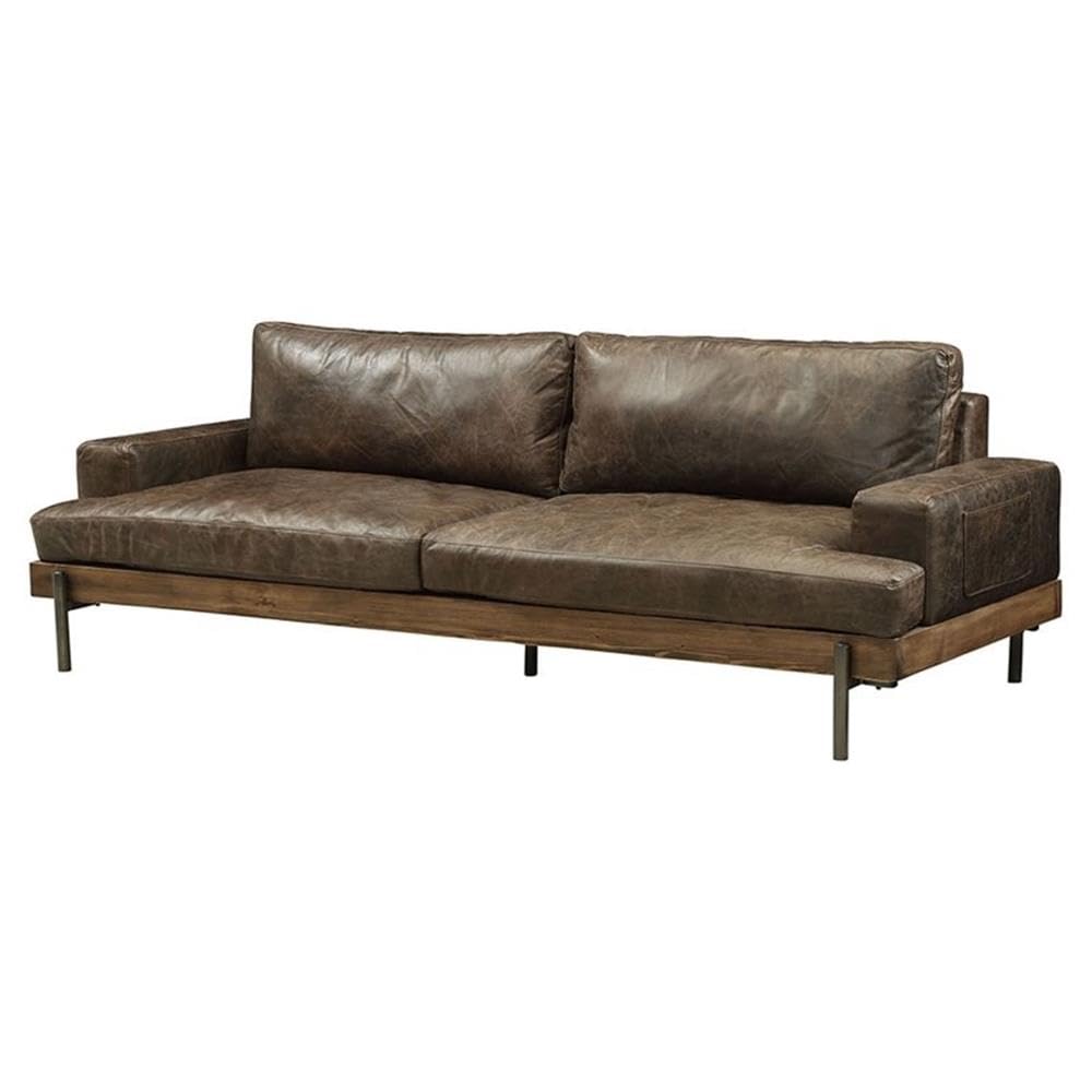 Leather Loveseat Sofa in Oak & Distress Chocolate Vintage-Industrial Style Sofa with Top Grain Leather Upholstery