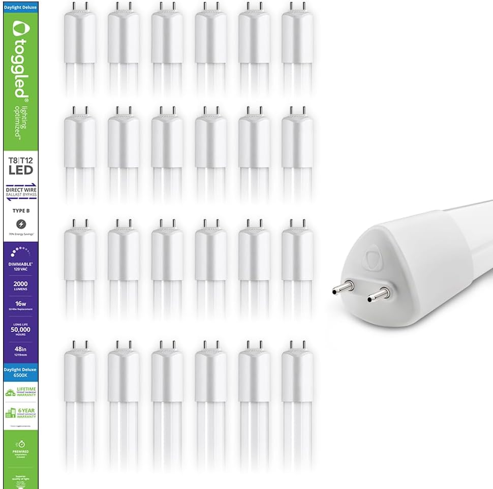 4FT T8 LED Tubes, 16W, 6500K, Dimmable, Type B, 24 Pack (24 Tubes)