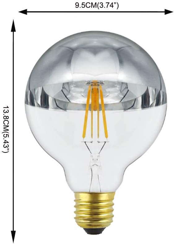 Half Chrome LED Filament Bulb G30 G95 6W LED Light Bulb, Silver Bowl Tipped, E26 Base, Warm White 2700K, 50W