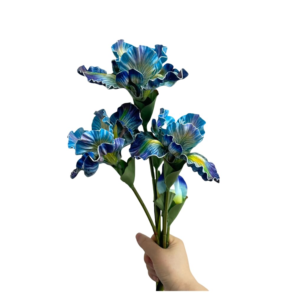 3pcs Blue Iris Flower Artificial PU Flower Heads with Stem, Real Touch