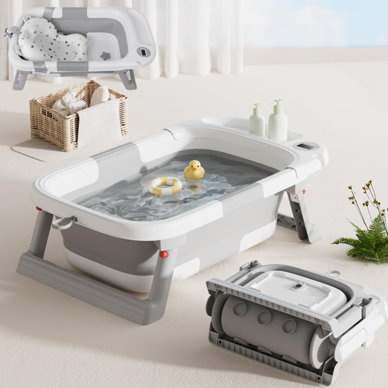 Bathtub for Newborn Infant, Collapsible Baby Bathtub with Temperature Display & Soft Cushion, Infant to Toddler