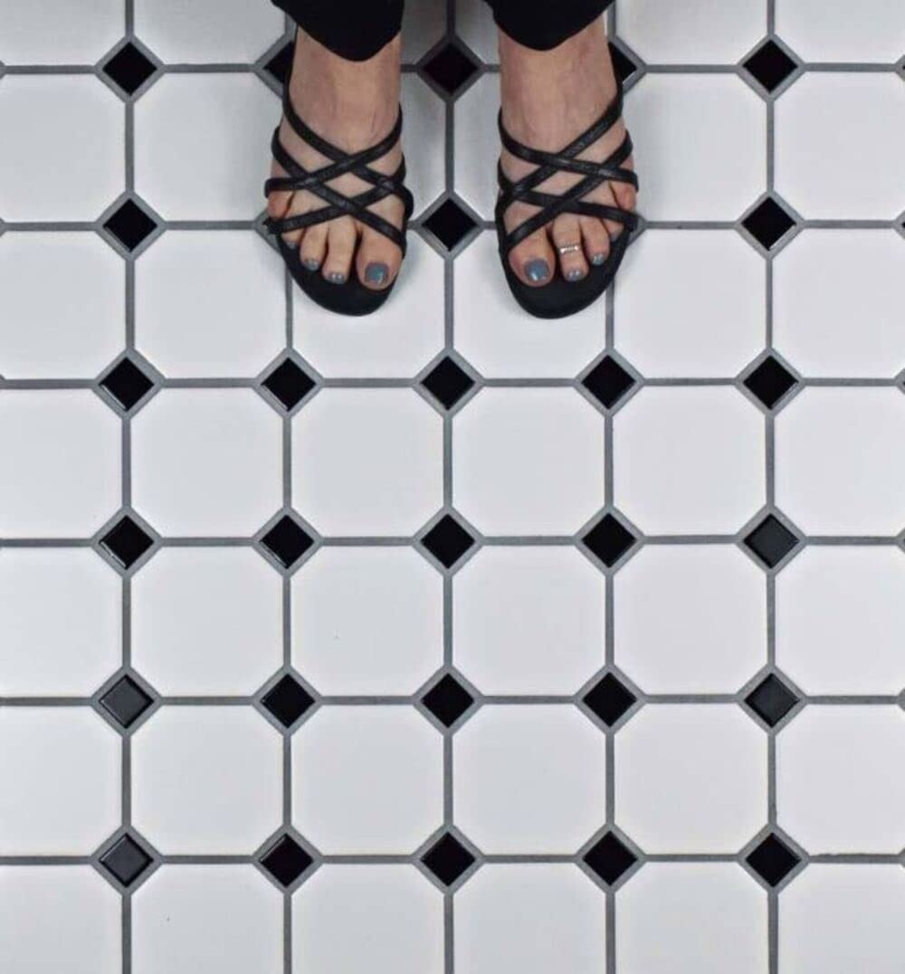 4" Octagon Tile Matte White Mosaic Porcelain Floor and Wall Tile Backsplashes, Accent Wall (Black Dots Glossy, 20