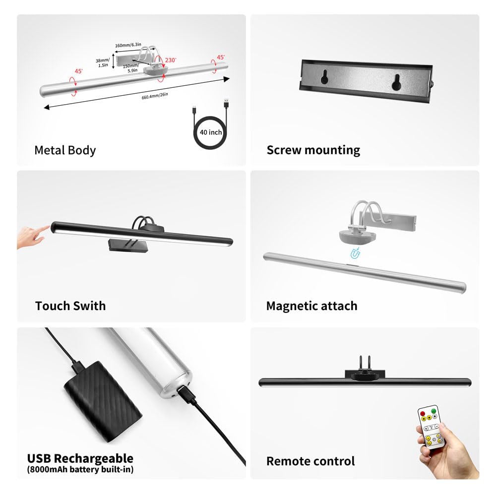 26" Wireless Picture Lights, 8000 mAh Rechargeable Battery Art Display Light with Remote Control, Dimmable/Timer Off