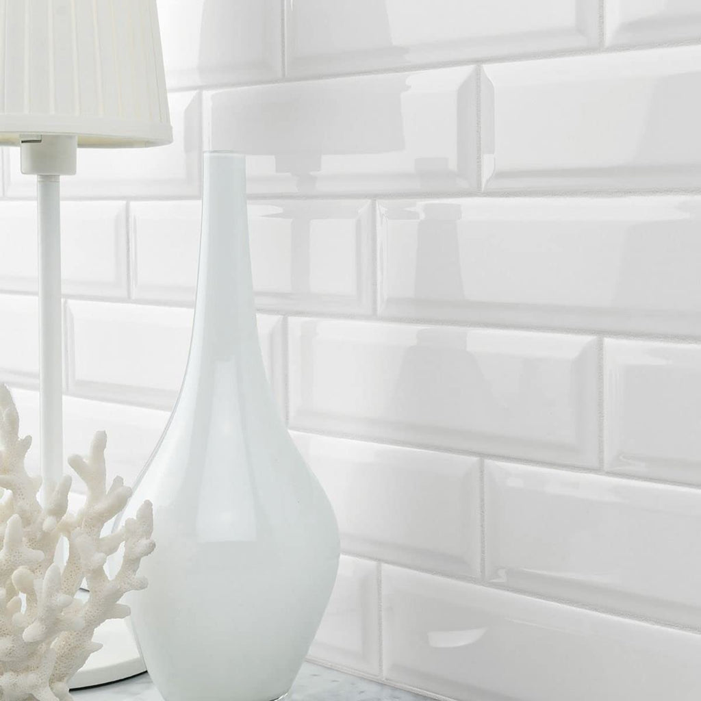 4-1/4x10 White Beveled Ceramic Subway Wall Tile Backsplashes|Bathroom Shower|Accent Wall - Glossy Finish (Box of
