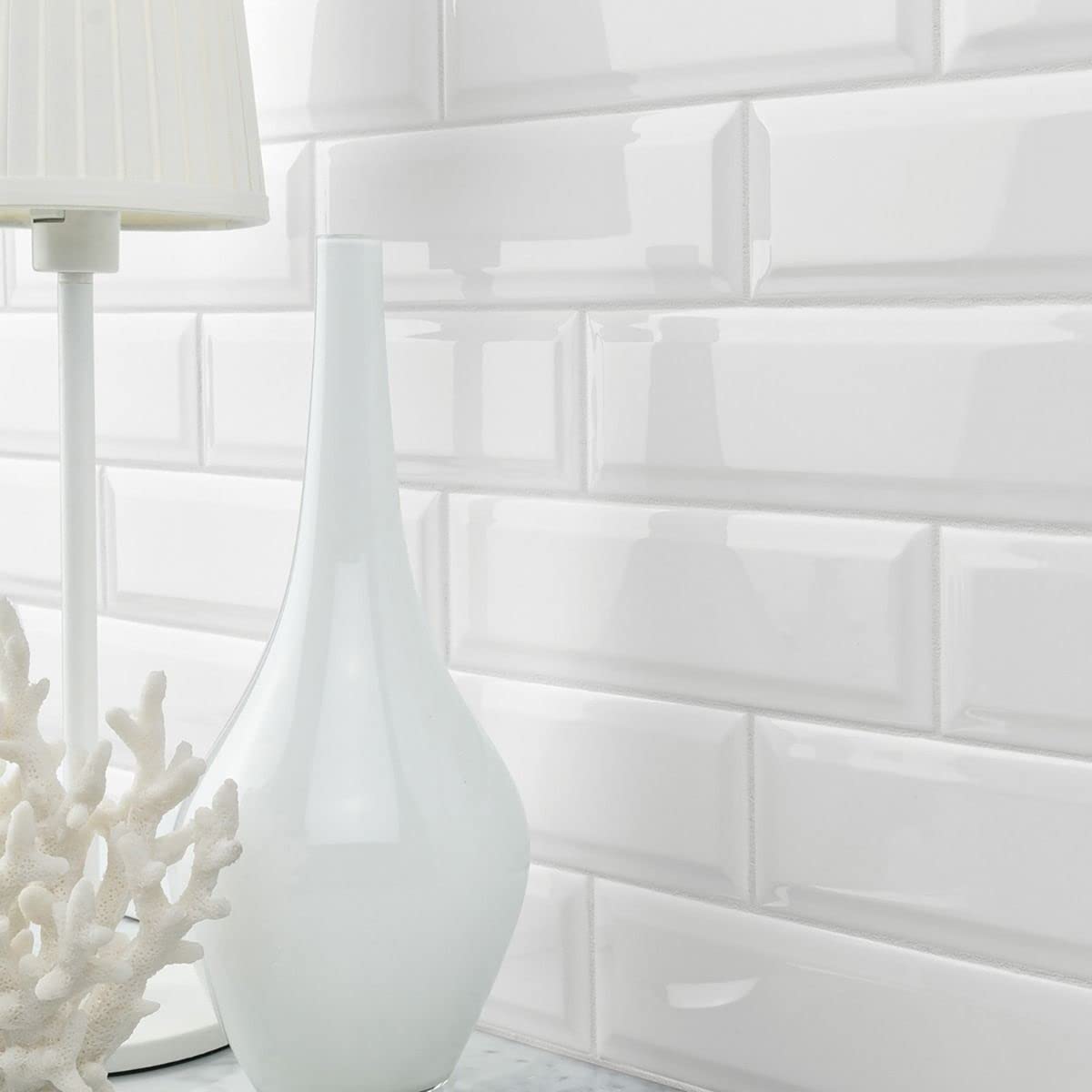 4-1/4x10 White Beveled Ceramic Subway Wall Tile Backsplashes|Bathroom Shower|Accent Wall - Glossy Finish (Box of