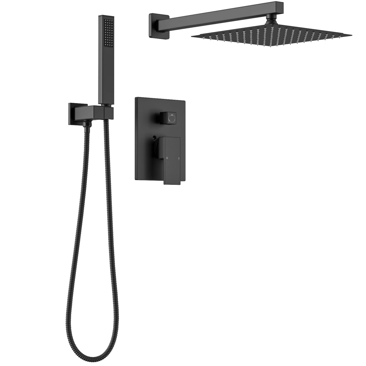 Modern 2-Setting Square Shower System with Rain Shower Head and Handheld Spray Black, Rainfall Shower Faucet Set