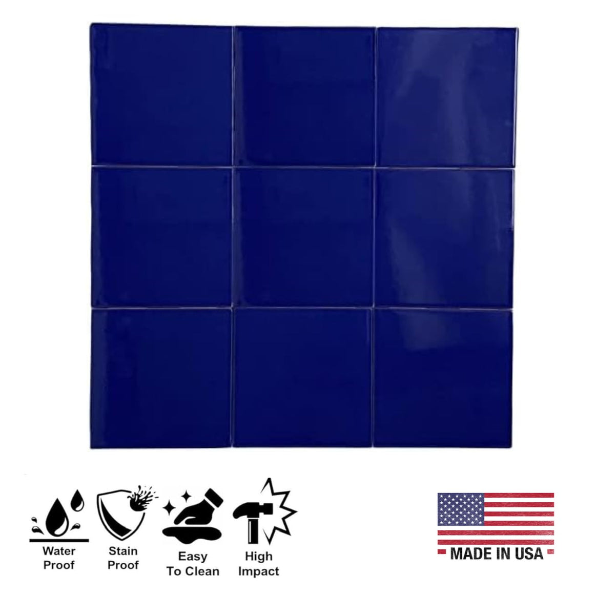 4.25x4.25 Inch Glossy Cobalt Blue Ceramic Wall Tile by - Box of 10 Pieces (1 Sq Ft) Backsplash, Bathroom, Shower &
