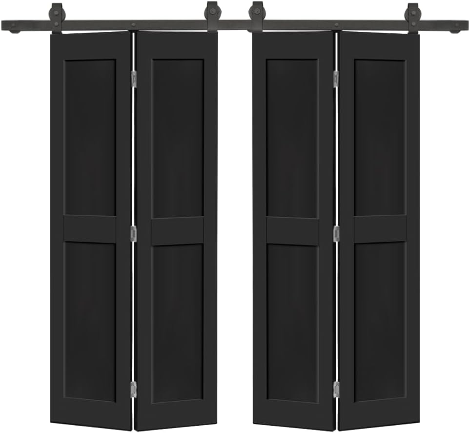 60 in. x 80 in. 2 Panel Shaker Hollow Core Black Composite Double Bi-Fold Door with Barn Door Hardware Kit
