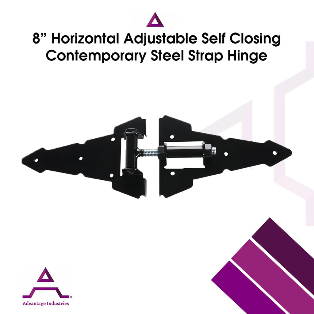 Heavy Duty 8" Horizontal Self Closing Contemporary Steel Strap Hinge | Adjustable Hinges for Wooden Fences