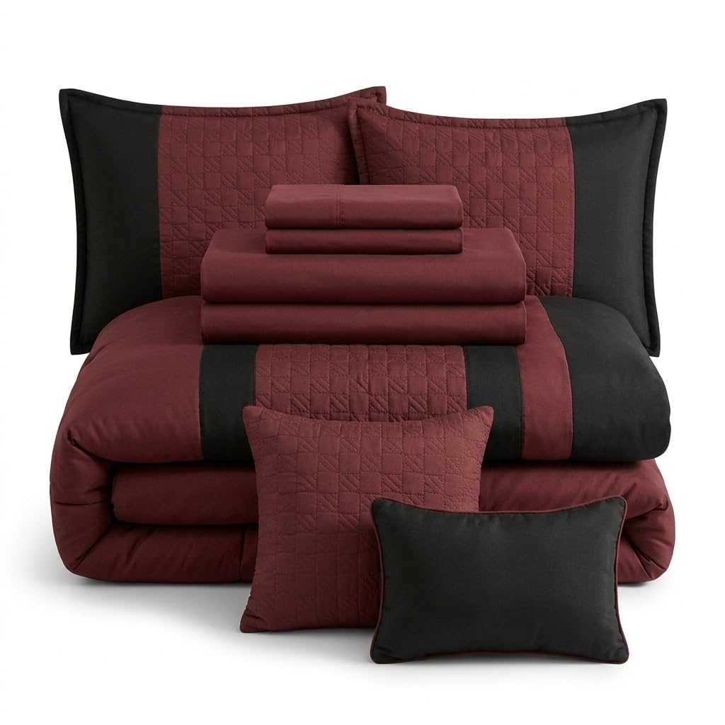 Burgundy and Black Comforter Set with Sheets King 9 Piece, Embroidered Luxury Bedding