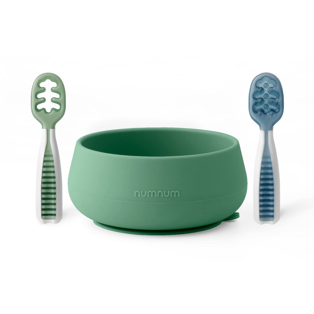 Baby Suction Bowl & Spoons Set 4+ Mo, Green/Blue