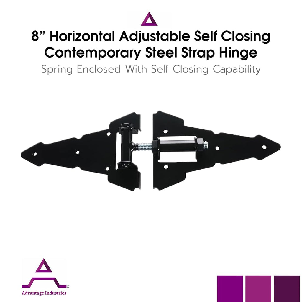 Heavy Duty 8" Horizontal Self Closing Contemporary Steel Strap Hinge | Adjustable Hinges for Wooden Fences