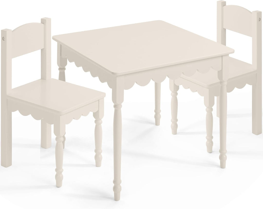 Kids Table and Chair Set for Toddlers, Solid Wood Activity Table and Chairs, Scalloped Edge Design, Sturdy 100 lb