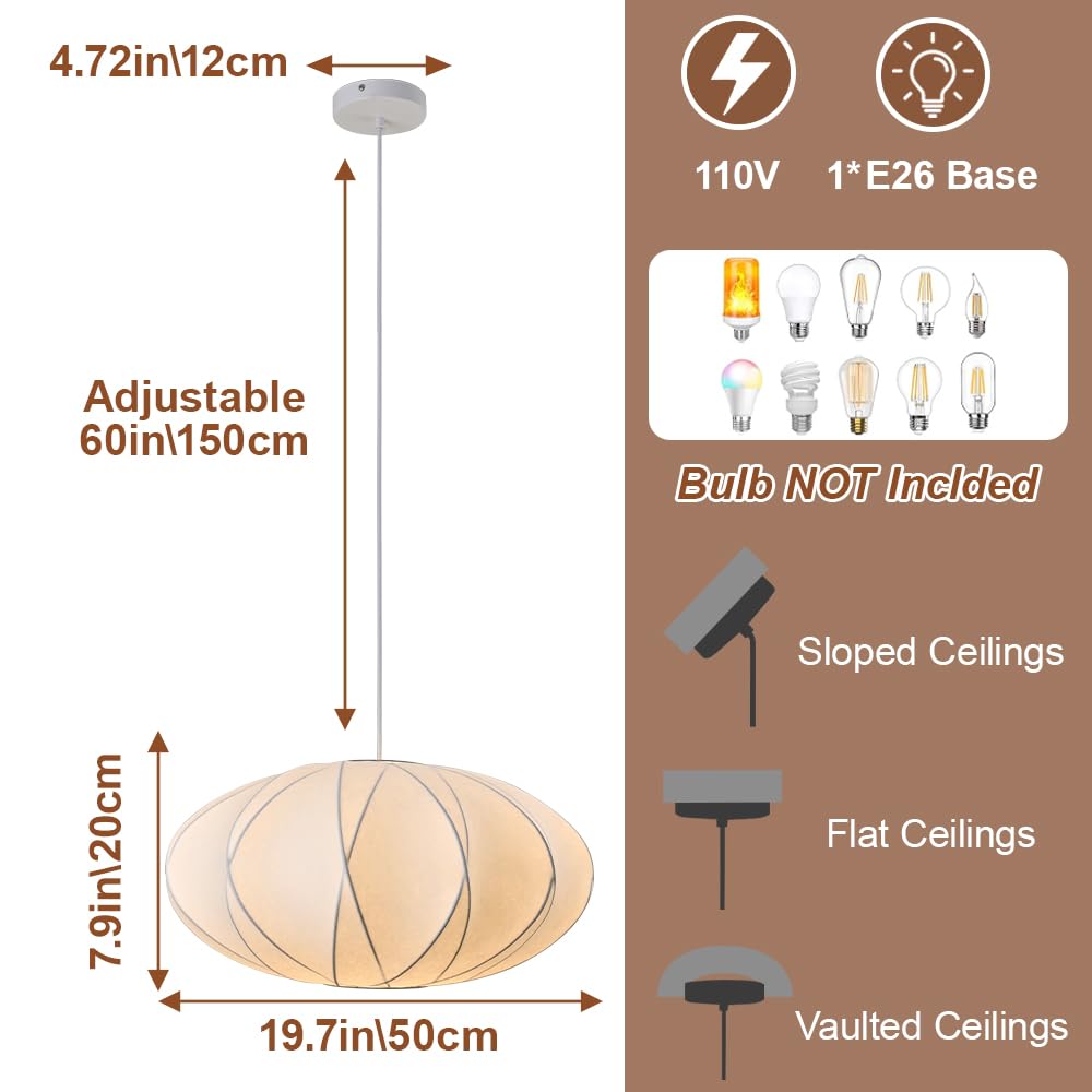 Inspired Nelson Style 19.7inch Silk Pendant Light, Italian Modern White Lantern Fabric Silk Ceiling Hanging Lamp Saucer Chandelier