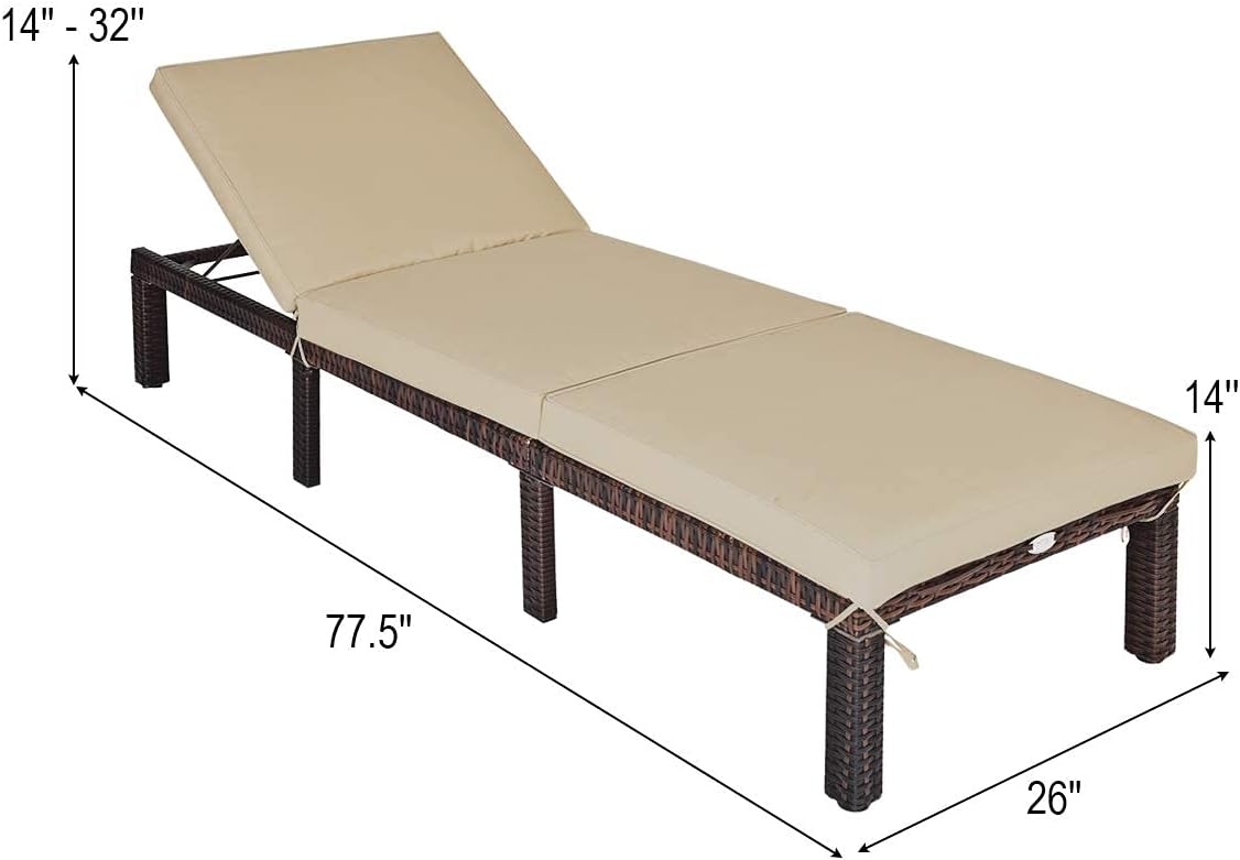 Rattan Wicker Chaise Lounge Chair, Outdoor Patio Lounger Recliner Chair w/Adjustable Backrest