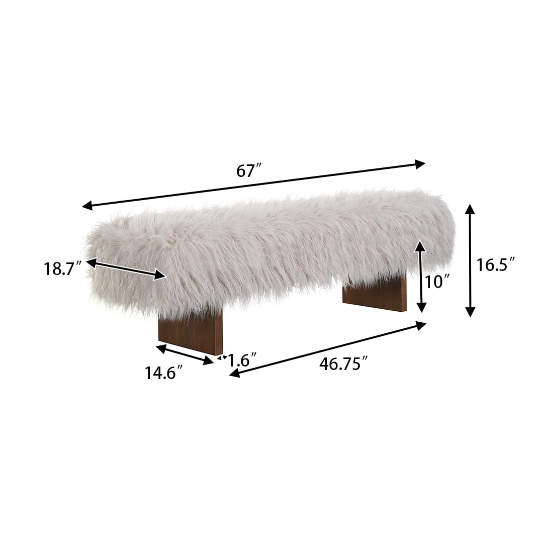 Lenka 67" Long-haired Faux Wool Bedroom Bench, Rubberwood Ottoman Bench, Spacious Seating, Long Footstool, Luxury