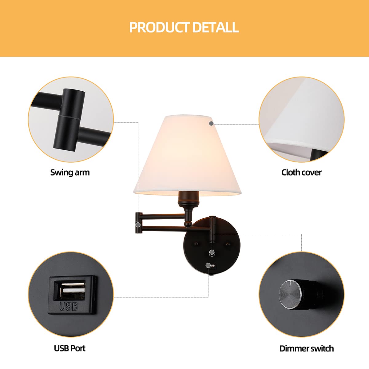 Swing Arm Wall Sconces, Plug-in Wall lamp,Bedroom Wall lamp, White Fabric Shade,with dimmable Switch and USB