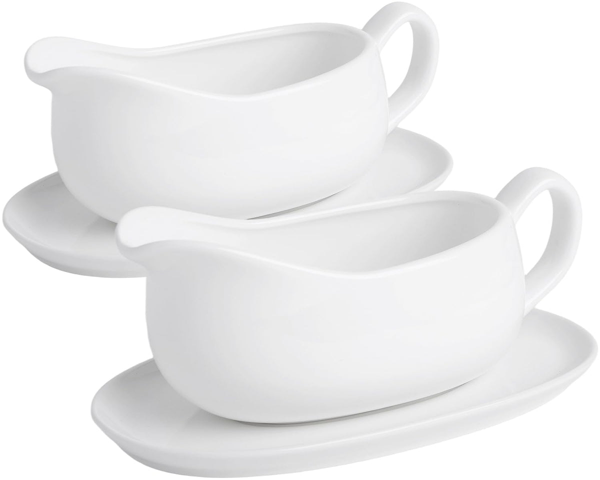 17 oz Ceramic Gravy Boat with Saucer Tray, 2-Pack Porcelain Sauce Boat Server with Handle, Spill-Resistant Pour Spout