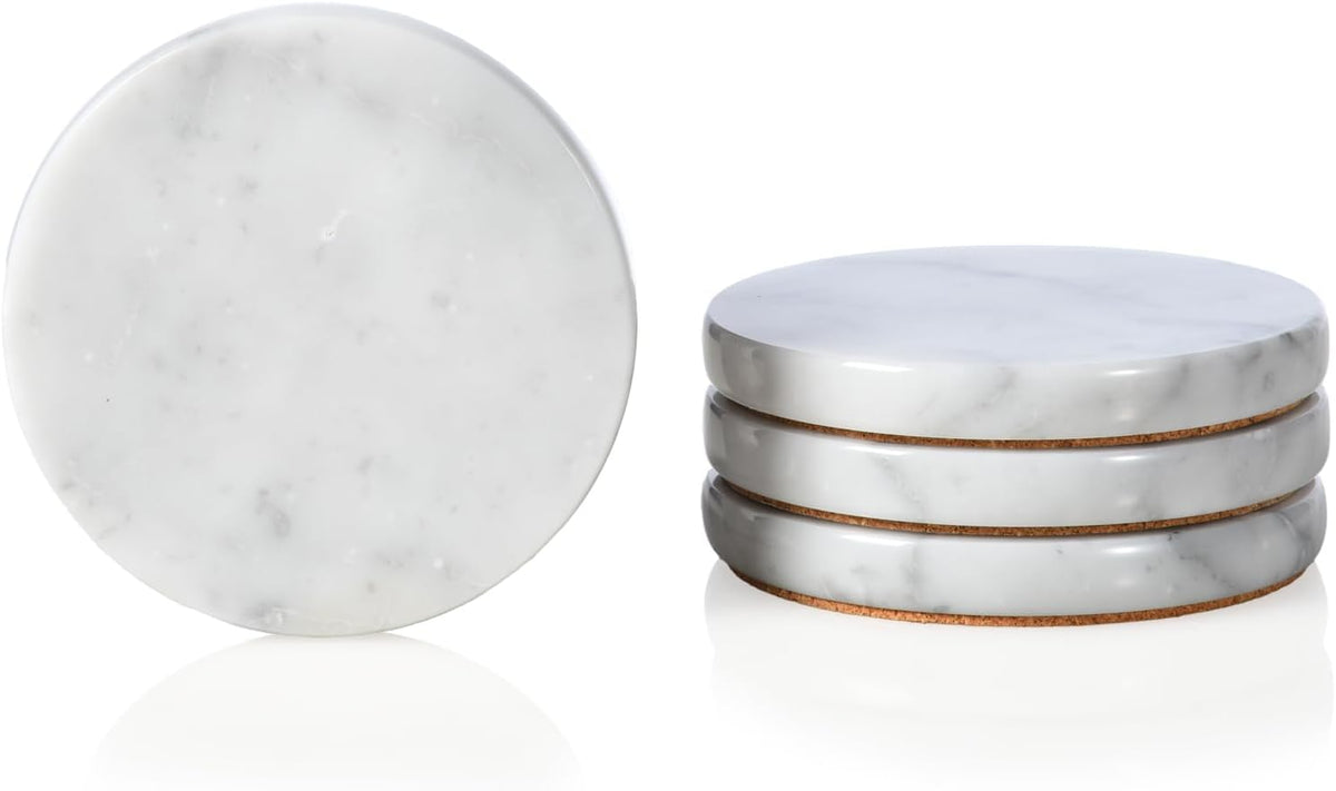 Real Natural Marble Coasters, Carrara White Coaster 4 inch, Modern Round Stone, Trendy Drink Coasters - Set of 4