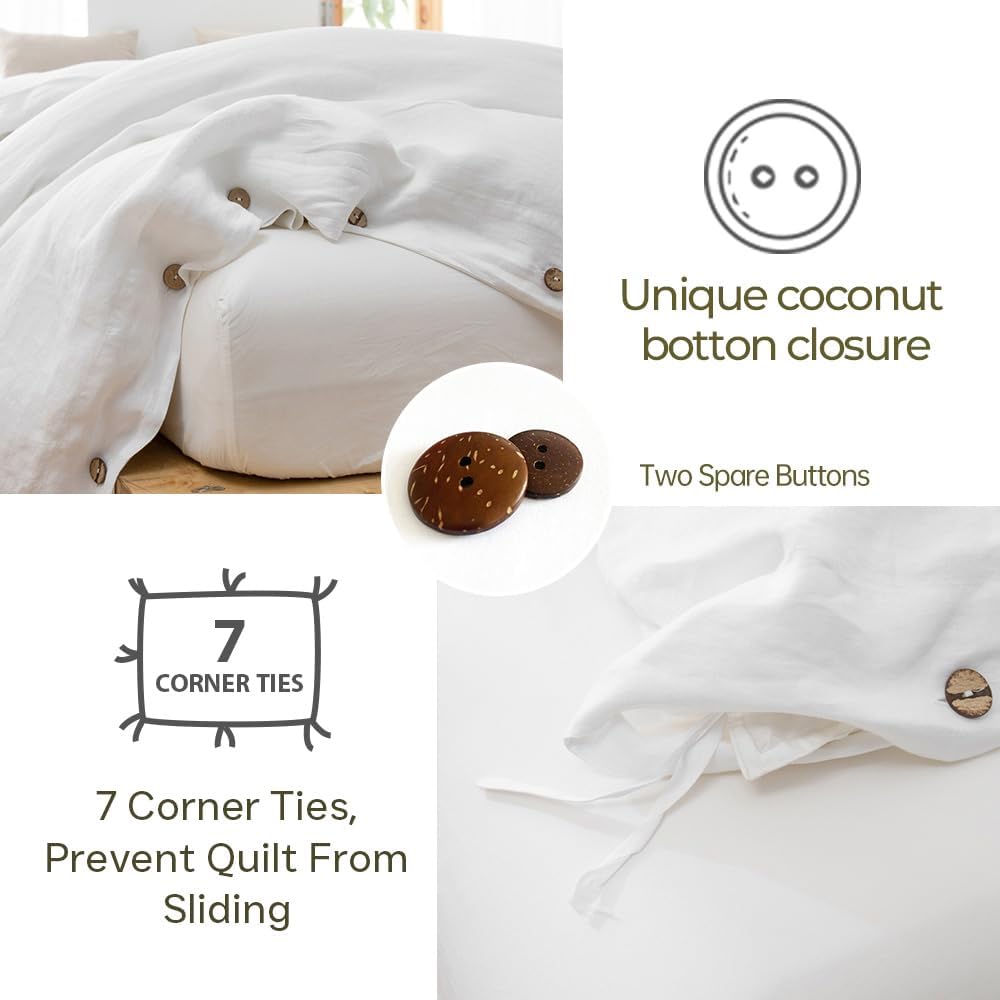 100% Washed Linen Duvet Cover, 3 Pieces Natural Flax French Country Bedding Set, Breathable Farmhouse Comforter Cover