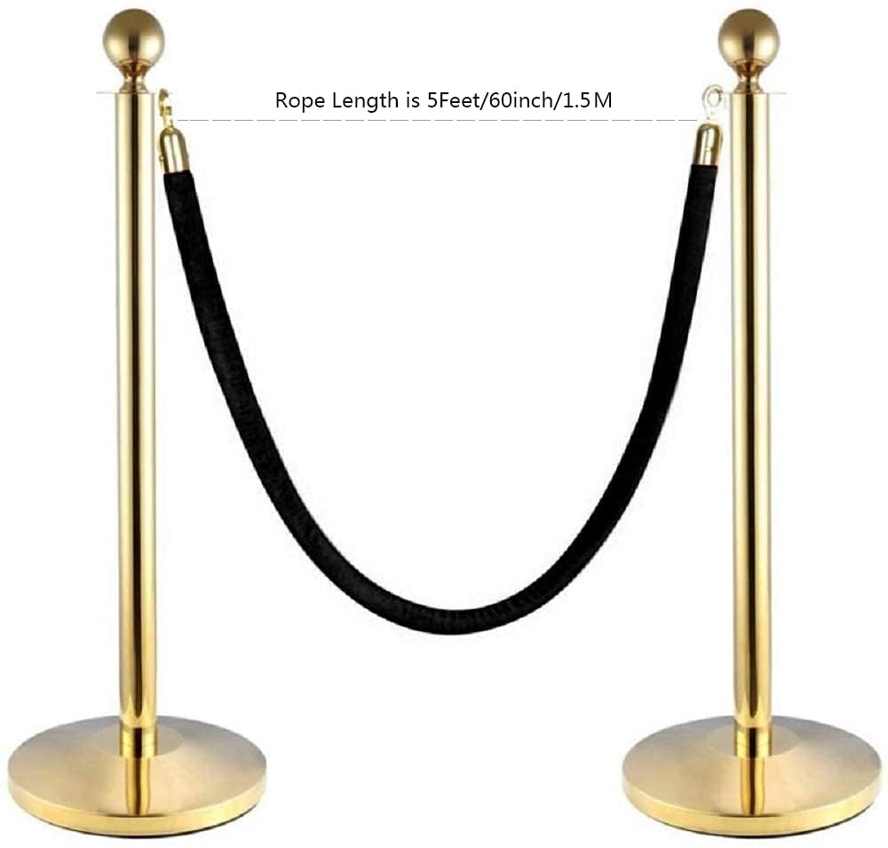 2Pcs Black Velvet Stanchion Rope, 5 Feet Crowd Control Rope Barrier with Gold Plated Hooks for Movie Theater, Queue