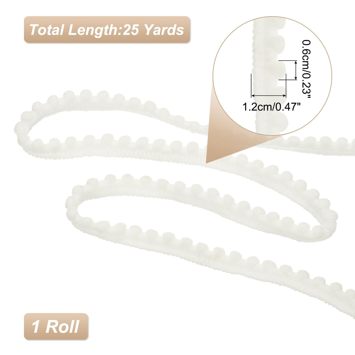 Pom Trim Ribbon, 0.5" Wide White Pom Ball Fringe Trim Sewing Fringe Fabric Trim Ribbon for DIY Crafts - 25 Yards