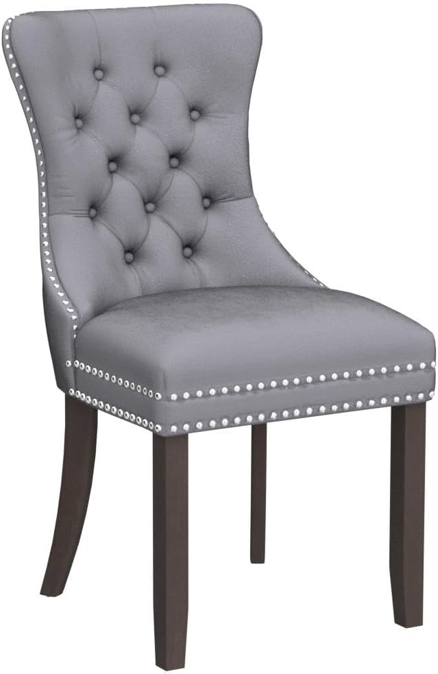 Velvet Dining Chairs Set of 4, Tufted Upholstered Chairs with Nailhead Back and Ring Pull, Solid Wood Legs, Light Grey
