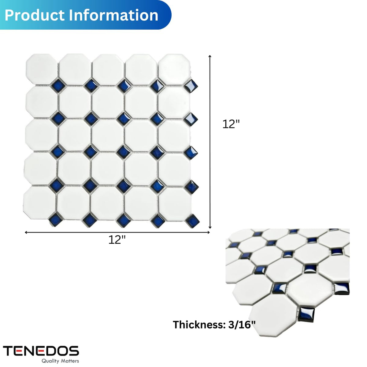 White Octagon Matte Porcelain Mosaic Tile with Blue Dots - 20 Sheets per Case for Floor, Wall, Backsplash, Bathroom