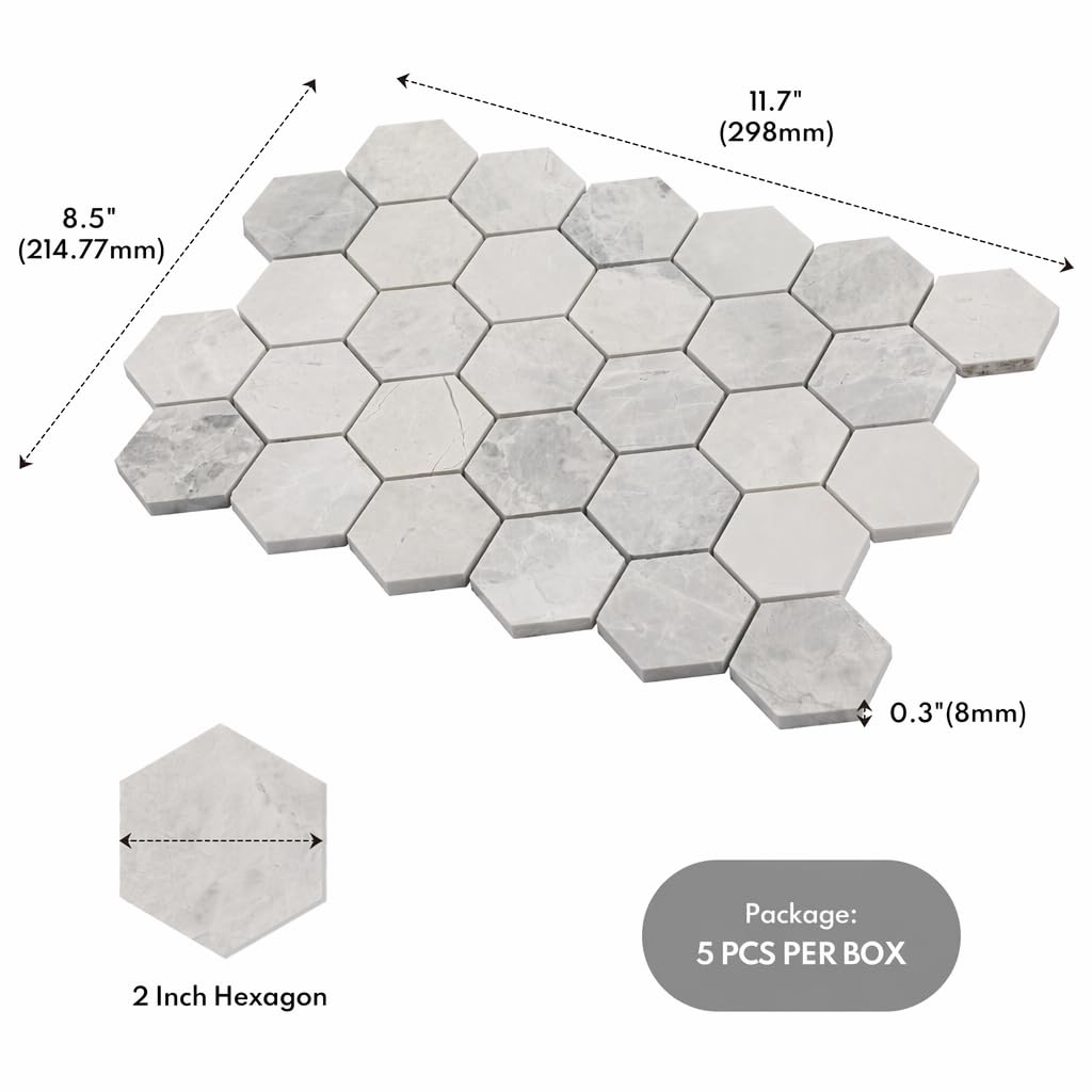 Andes Grey Marble Stone 2 Inch Hexagon White Marble Mosaic Tile Wall Bathroom Shower Floor (5 Sheet, Honed)